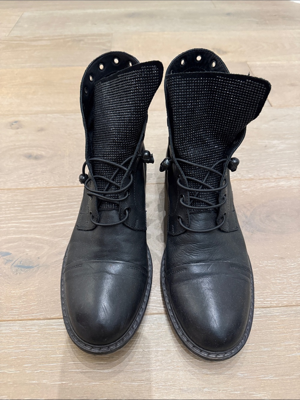 Women's Black Biker Boots with Lace-Up Front